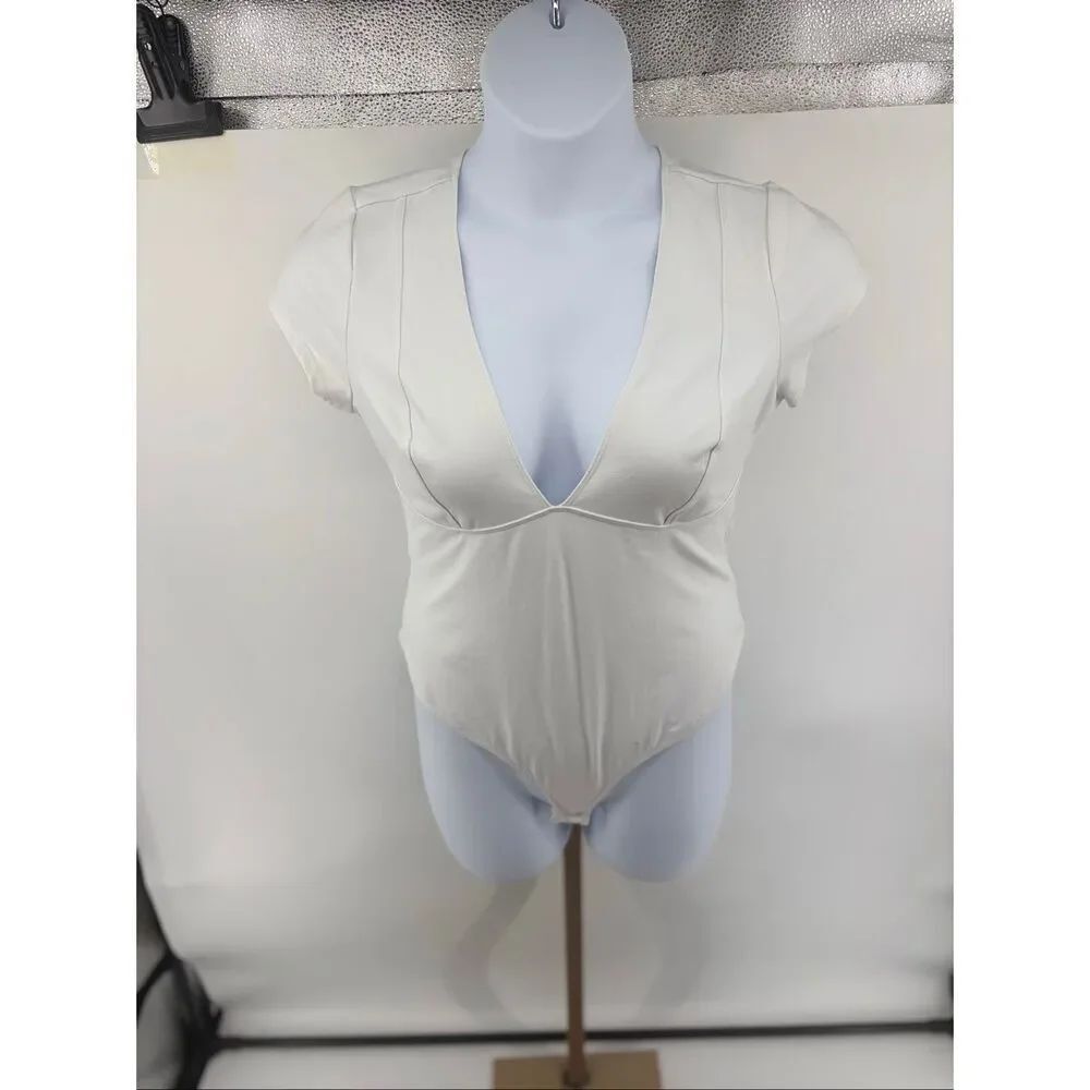 Free People V Neck Deep Conversations Bodysuit White Size Large